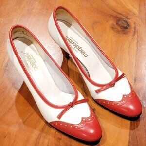 California Magdesians WHITE LEATHER RED CAP TOE TRIM Spectator Pumps HEELS
